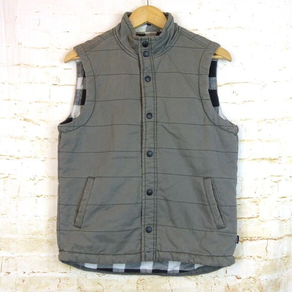 Union SEA WA Vest Mens S Gray Quilted Puffer Button Buffalo Plaid Flannel Lined - Picture 3 of 14